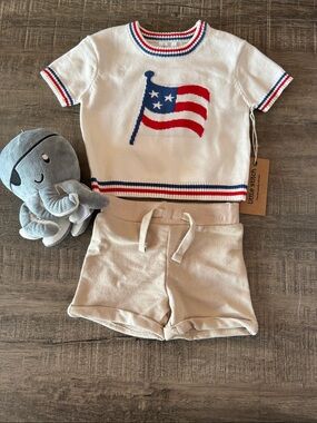 Little Stitch Kids Cream Knit Shorts Set with Flag Tee